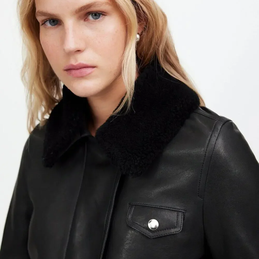NWT Madewell Sherpa-Collar Asymmetric Zip-Front Jacket in Leather XS